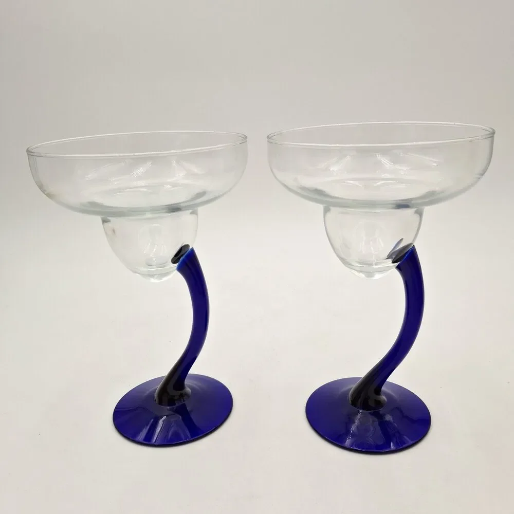 Libby Bravura Margarita Glasses Cobalt Blue Curved Stem 7.25